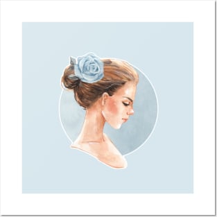 Romantic girl with blue rose Posters and Art